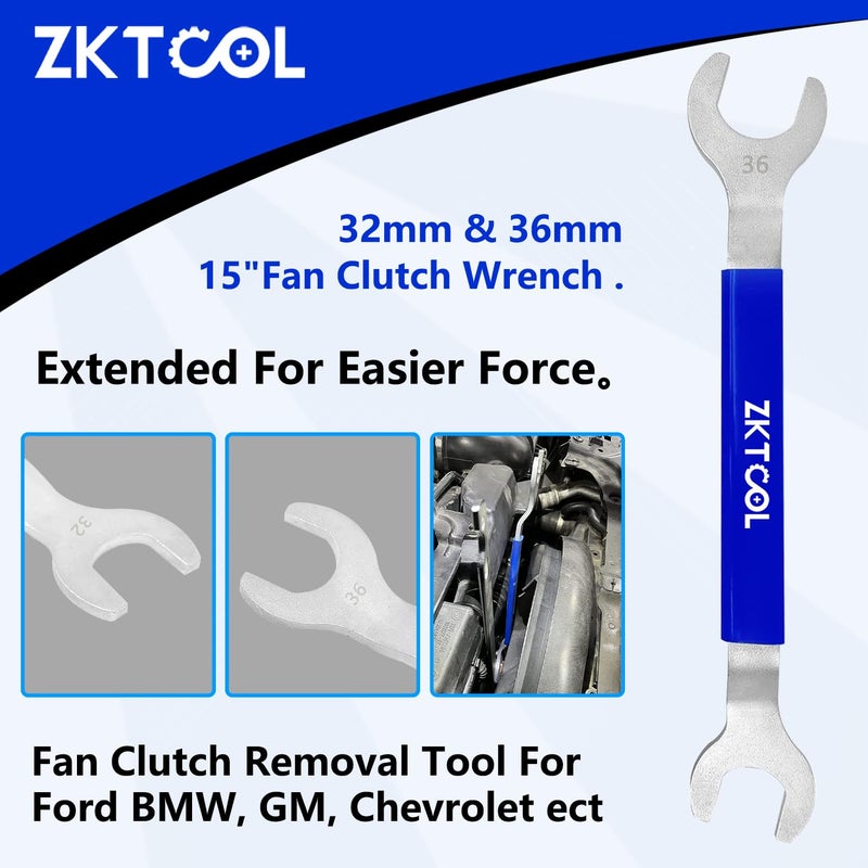 ZKTOOL Fan Clutch Wrench Set 32mm & 36mm Clutch Fan Tool Wrench Water Pump Pulley Holder Removal Tool For BMW  Ford  GM  dodge Chevrolet jeep Fan Clutch Removal Kit Water Pump Holder. - Image 2